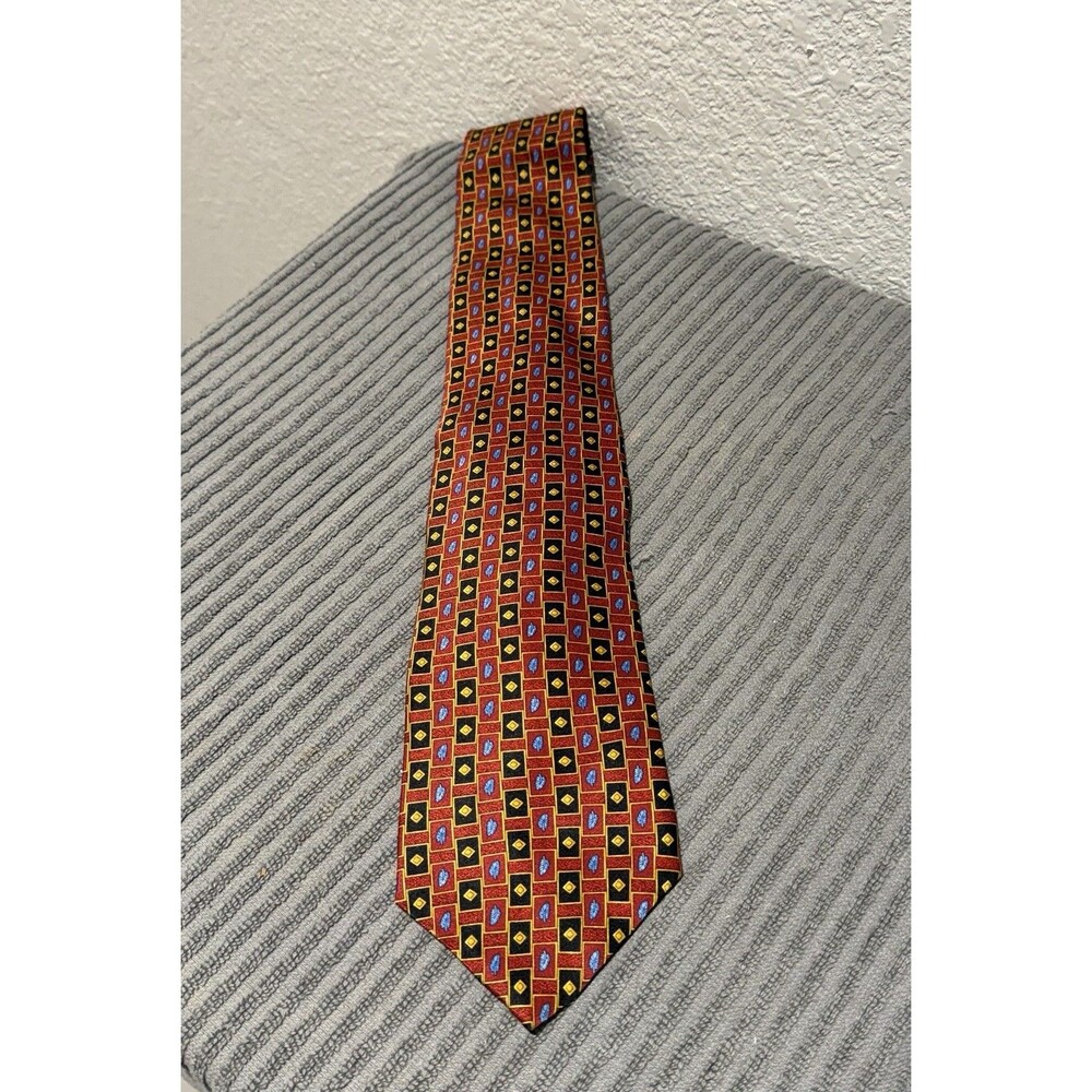 Barneys New York Silk Tie Orange Blue Yellow Geometric Pattern Italy Made Luxury